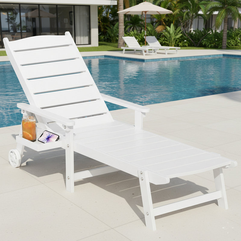 Outdoor HDPE Chaise Lounge Chair with Side Tray, Patio Pool Lounge Chairs, 5-Position Adjustable, All-Weather, White