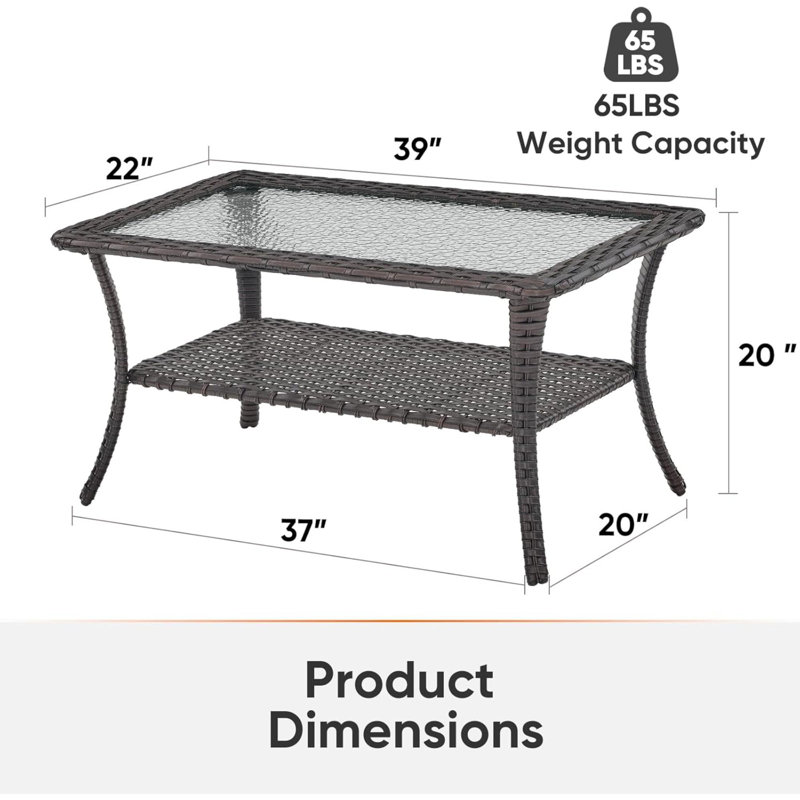 Table basse - Table basse en rotin de rotin avec plateau en verre trempé et table de rangement à 2 niveaux pour terrasse