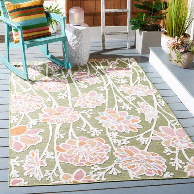 Tapis intérieur / extérieur à motif floral vert / rose Mattalyn