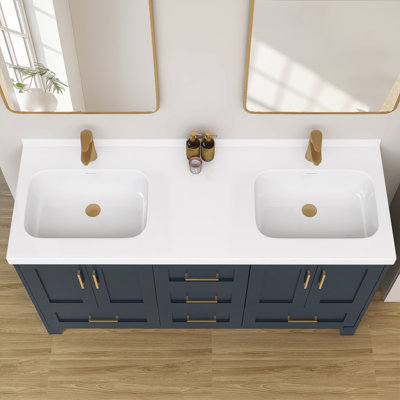 60 Inch Solid Surface Double Sink Bathroom Vanity Top with Integrated Dual Sinks, Bright White 2" Thick Modern Countertop, 1.38" Rear Backsplash, Smooth Minimal Design, Waterproof & Easy Install