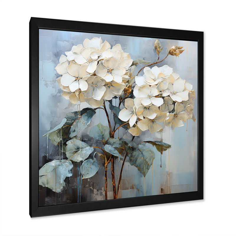 Hydrangées bleues dans des tons de gris sur toile, Cadre simple noir, H 36 po x l 36 po x P 1,5 po