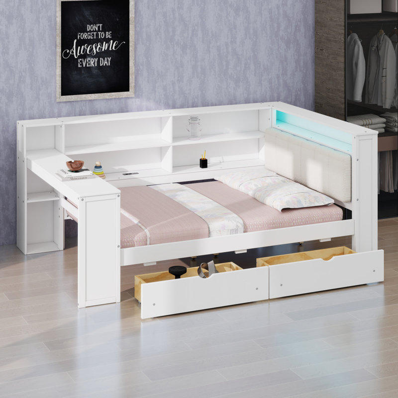 Lit plateforme tout-en-un avec tablettes, tiroirs, bureau et tête de lit tapissier, Blanc + beige