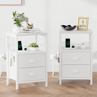 Nightstands with 2 Drawers & Outlets, Bedside Tables with 2 USB Ports & 2-Tier Open Shelf