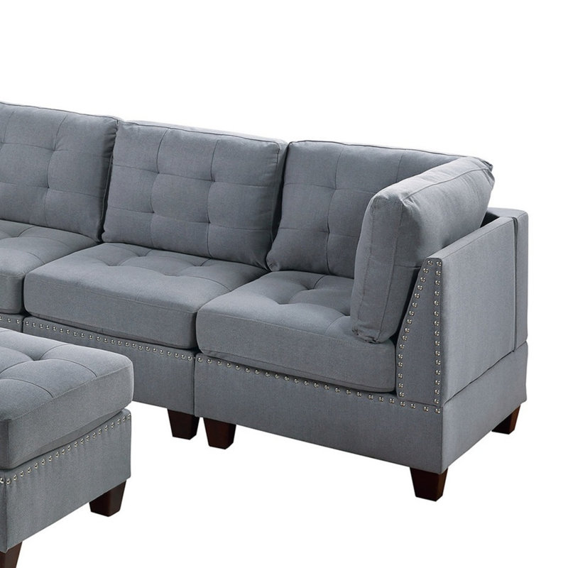 Ensemble de salon modulaire contemporain modulaire 7 pièces Mobilier de salon en L gris capitonné en tissu d'ameublement avec têtes de clous capitonnés 2X coin 3X fauteuil sans accoudoirs et 2X repose-pieds