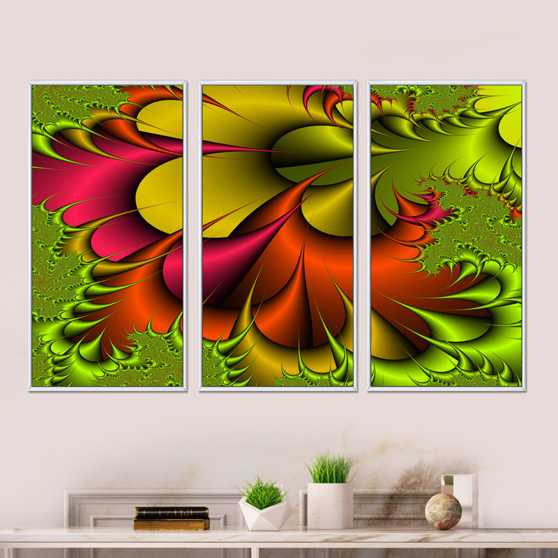 «Green and Red Abstract Digital Flowers», reproduction de cadre flottant sur toile, 3 pièces, H 20 po x l 36 po x P 1 po