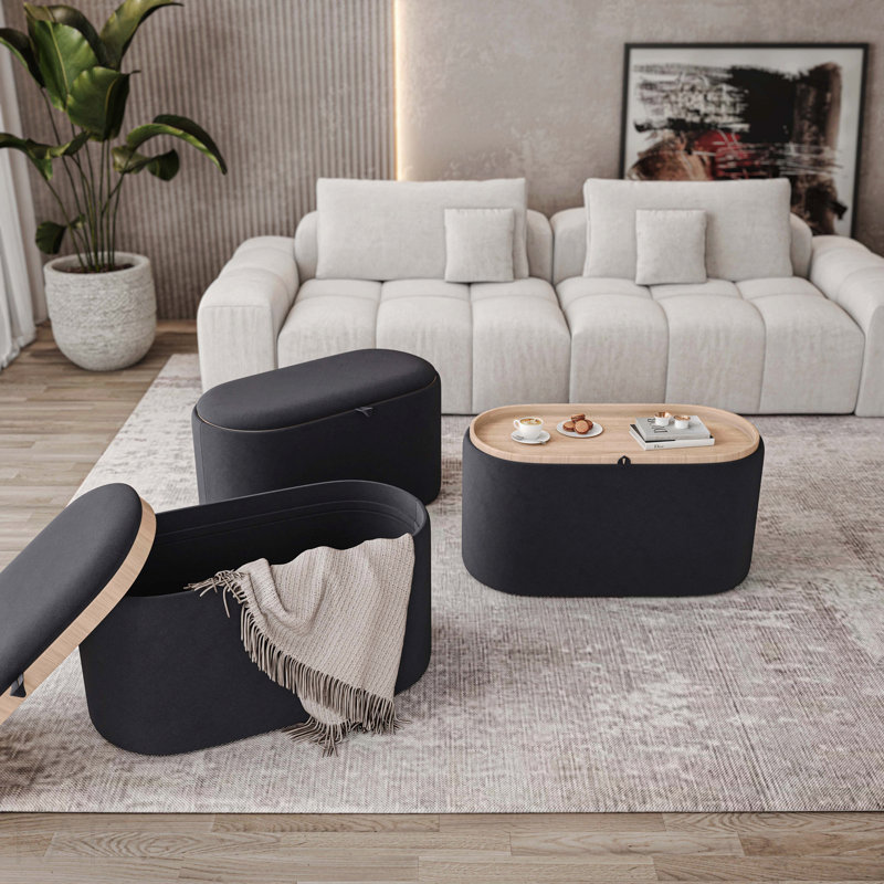 Repose-pieds avec rangement, plateau en bois réversible - noir, polyester, Black