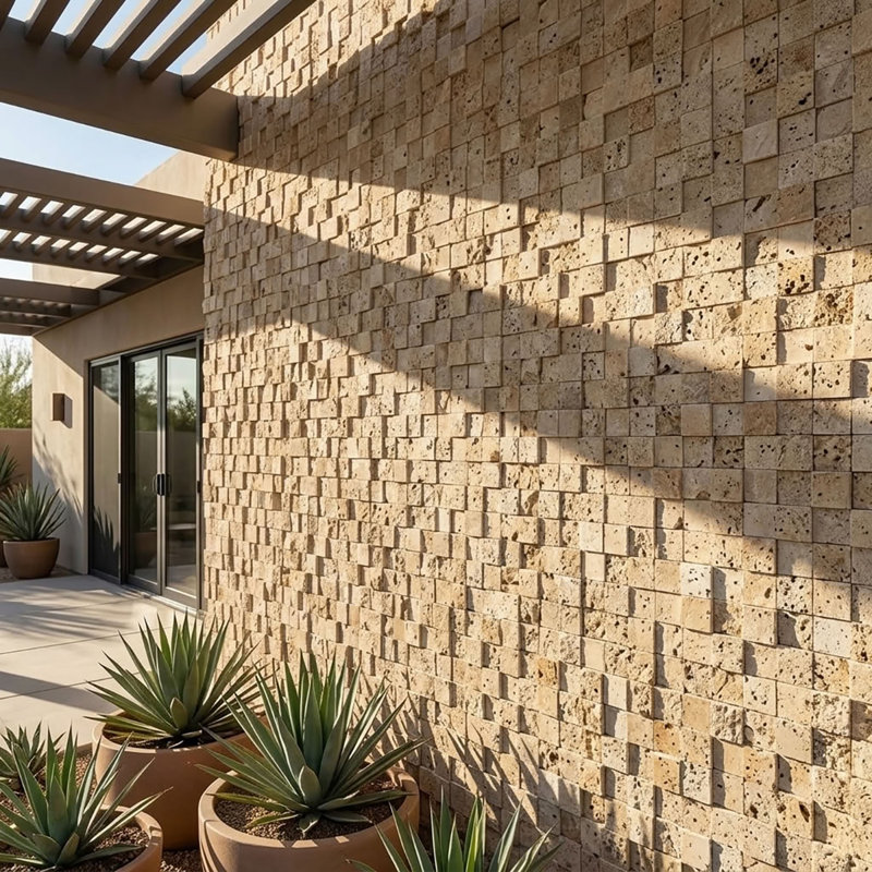 Yellow Splitface 1x1 Square Travertine Mosaic, Yellow