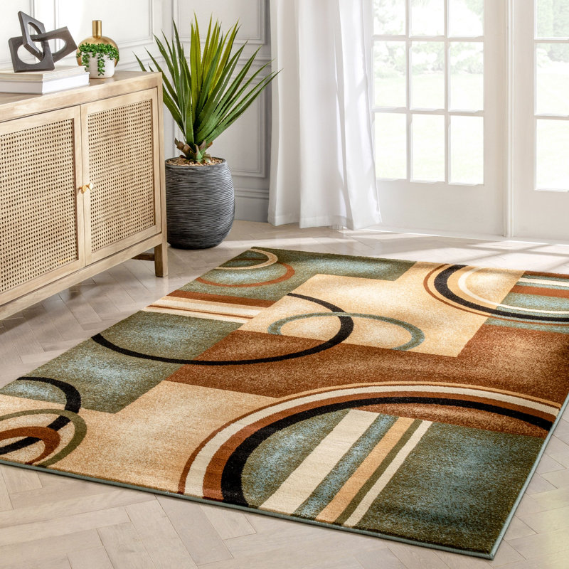 Tapis bleu clair moderne à motif d'arcs et de formes Abbie, Rectangle 6 pi 7 po x 9 pi 6 po