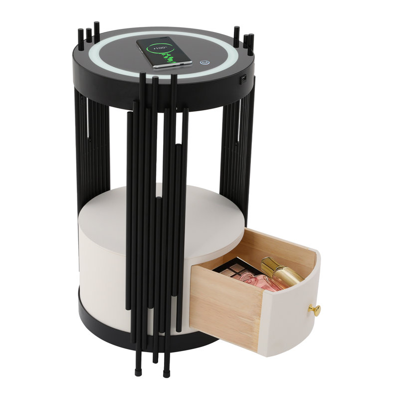 Table de chevet ronde à DEL avec station de charge sans fil 13,78 x 25,59 po ((D * H), Noir / blanc