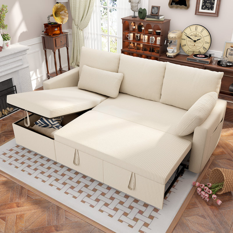 Sleeper Soft Bed,Pull Out Couch Bed with Storage Chaise,Iron Frame Soft Futon Sofa(Linen L-Shape, Beige), Beige Linen