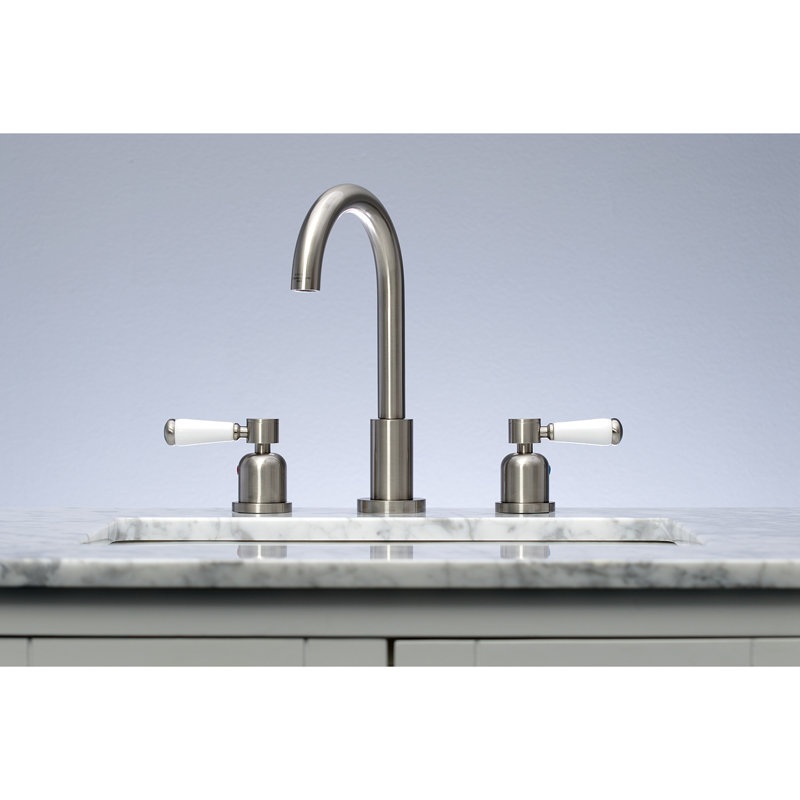 Kingston Brass Paris Two-Handle 3-Hole Deck Mount Widespread Bathroom Faucet with Brass Pop-Up Drain, Brushed Nickel