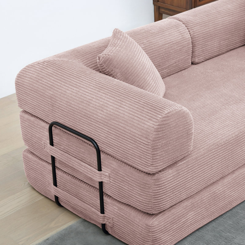 80,7 po. Canapé-lit en velours côtelé de 80,7 po avec 2 coussins et structure en métal fixe, Rose