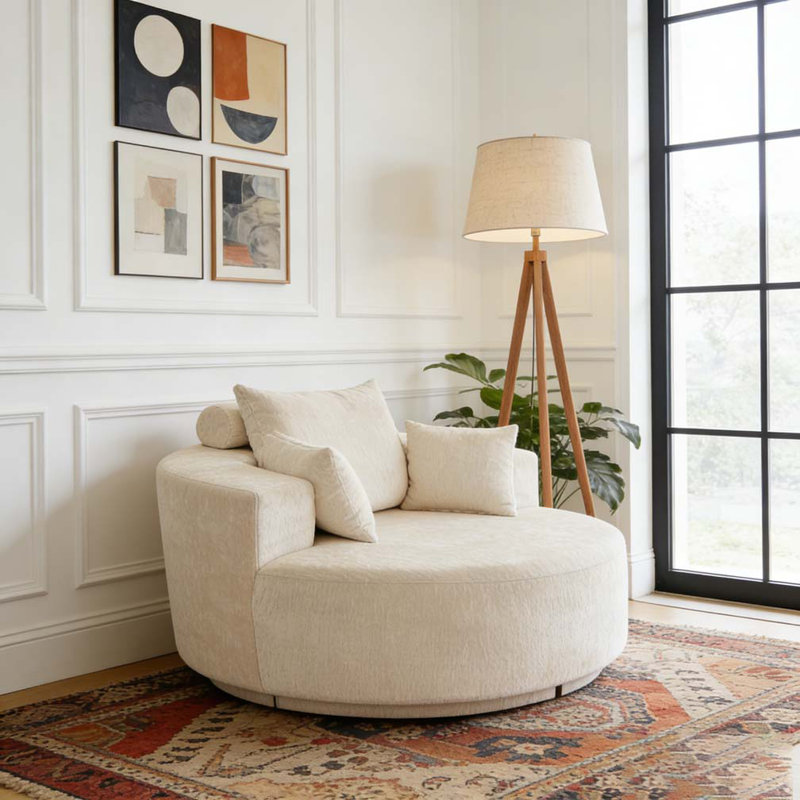 55''L Chenille Foam Single Swivel Chair, Beige Chenille