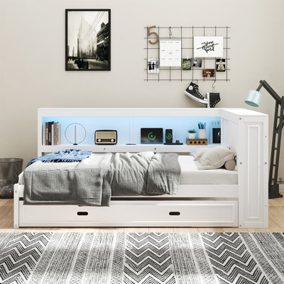 Solid Wood Daybed With Trundle USB Ports And LED Lights