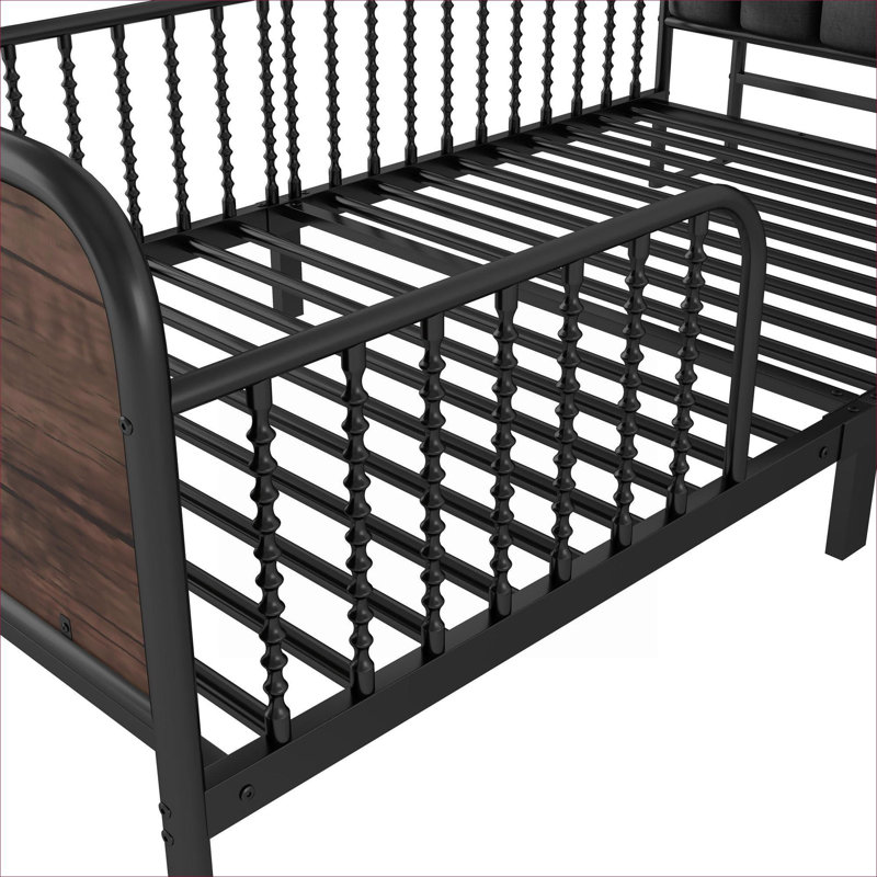 Structure de lit plateforme de rangement en métal, taille simple noir mat, avec lumières DEL intégrées et tablettes de rangement coulissantes, idéale pour les chambres d'enfants