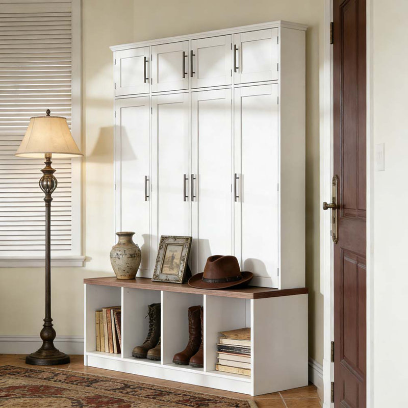 Hall Tree with 4 Hidden Hanging Hooks,Seating Bench with 8 Doors, White