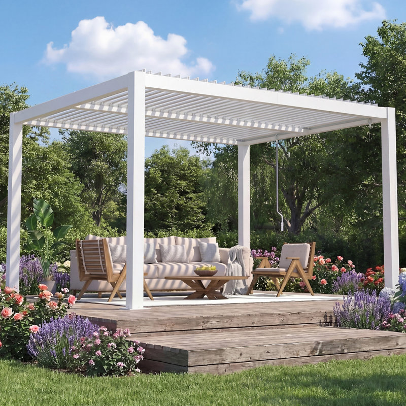 Outdoor Pergola With Adjustable Louvered Roof & Integrated Drainage, Heavy-Duty Metal Louvered Pergola For Patios, Without Curtains & Netting