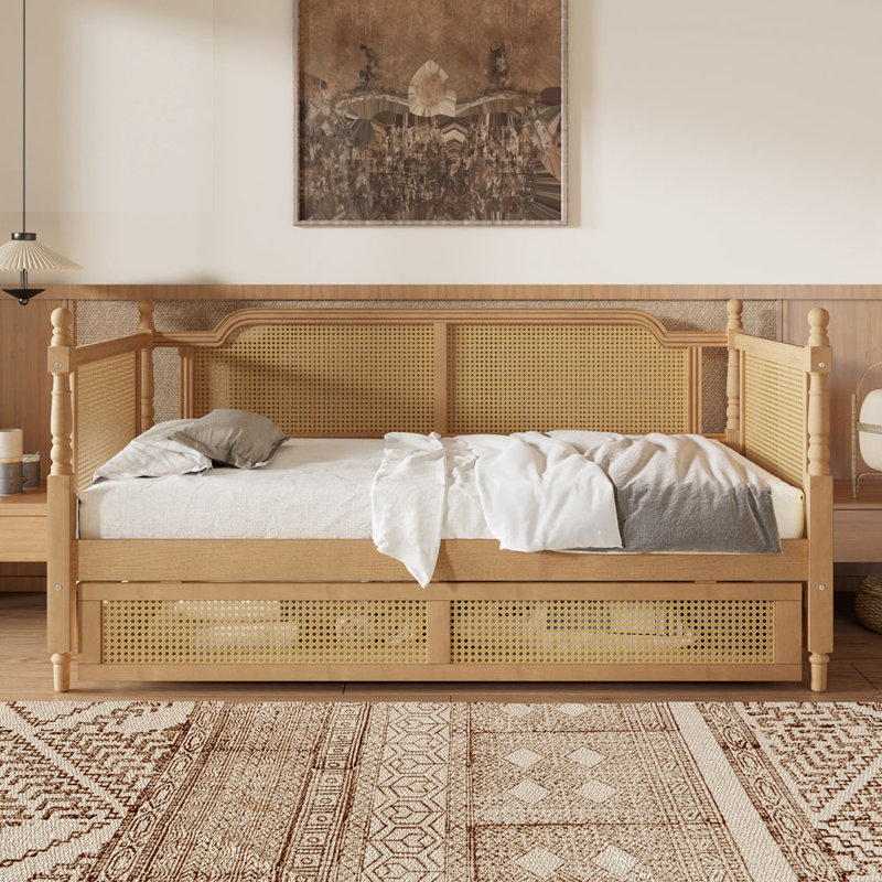 Traditional Style Rattan Daybed with 2 Drawers, Full, Walnut