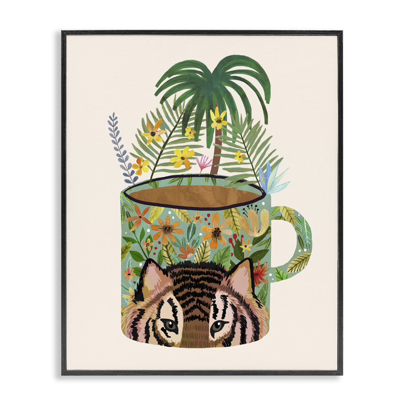 Tasse tropicale avec giclée encadrée par un tigre, design par Mia Charro, H 20 po x l 16 po, Giclée encadrée noir minuit