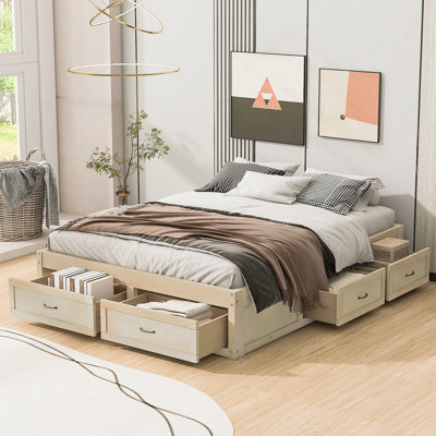 Grand lit plateforme avec 6 tiroirs de rangement, naturel antique