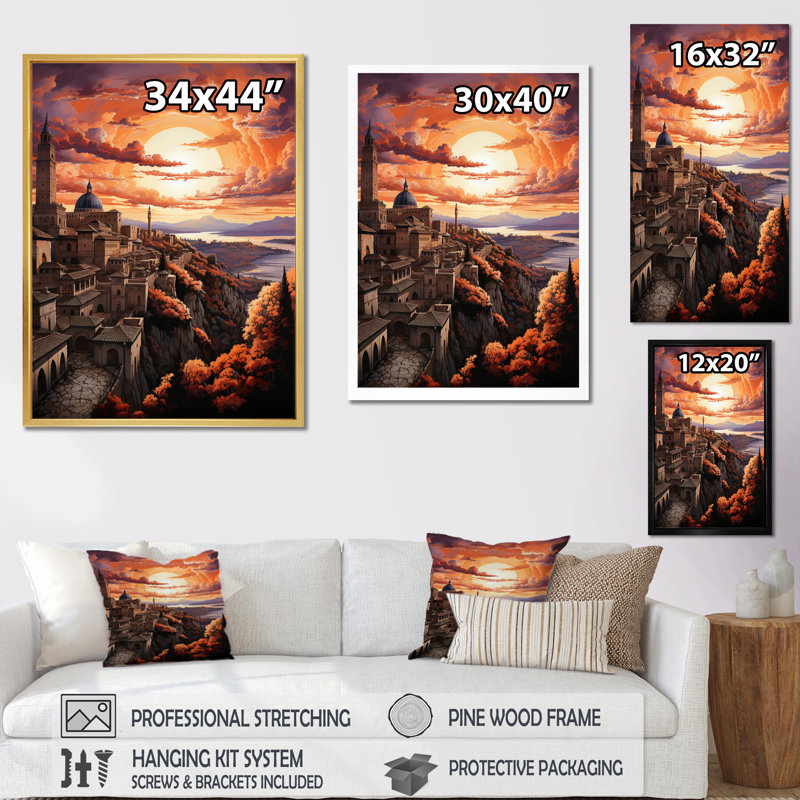 Espagne, coucher de soleil sur l'Alhambra II sur toile, Encadrement doré, H 32 po x l 16 po x P 1 po
