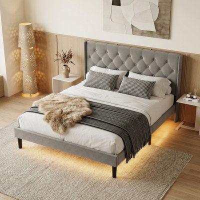Upholstered Bed Frame with Diamond Button Tufted Headboard