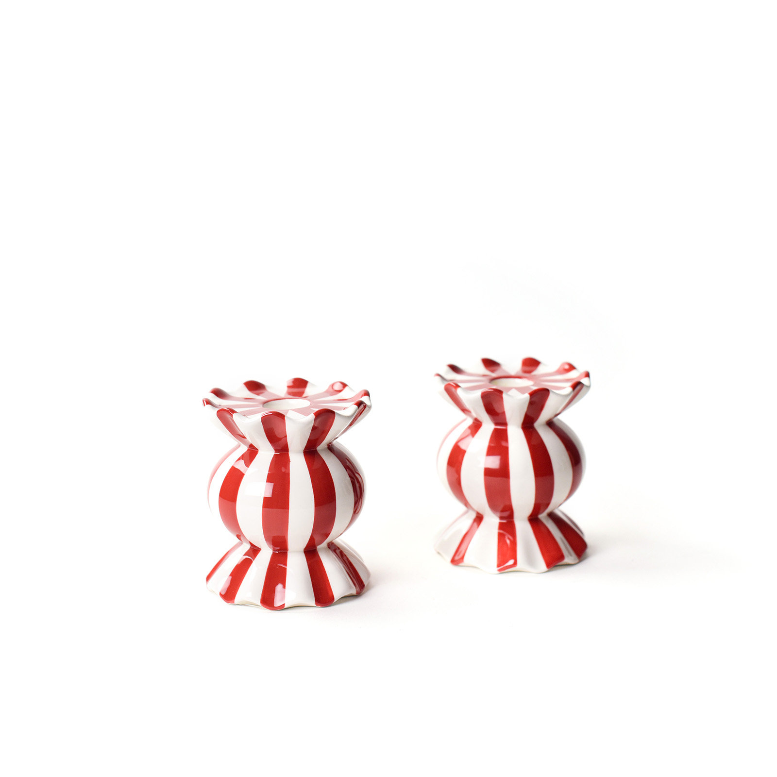 Red Stripe Medium Ruffle Knobbed Candle Holder Set Of 2, 4.13" H x 3.5" W x 3.5" D