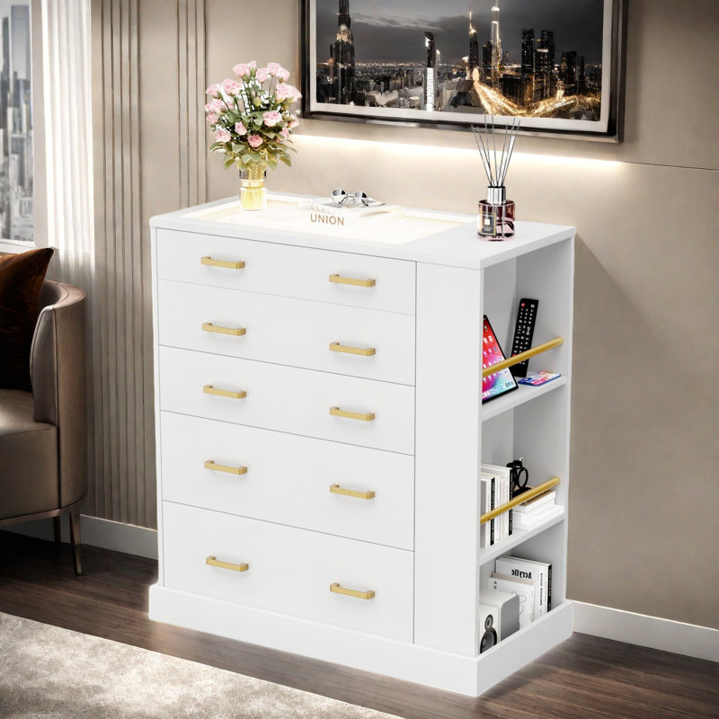 5 Drawer Dresser with Led Lights & Jewelry Organize & Modern Wood Chests of Drawers for Bedroom, with Open Storage and Tempered  Glass Top, for Bedroom & Wardrobe Closet Island, Pink