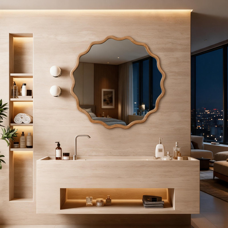 Miroir décoratif rond en bois massif de 36 pouces, pour chambre à coucher, salle de bain, salon, entrée, 36 po x 36 po