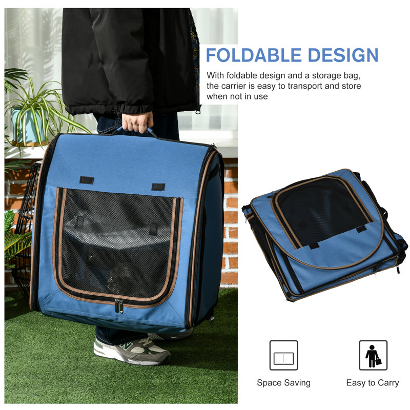 39" Portable Pet Carrier In Blue, Cloth, Detachable Feature Soft Cat Carrier, Blue. Cloth & Net Construction. Breathable And . Soft Cushions Included. Foldable With Storage Bag. 2 Zippered Netting