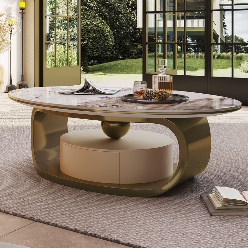 55" Modern Oval Faux Marble Coffee Table with Sled Base & Storage Drawer, Sintered Stone Top, Vintage-Inspired Center Table