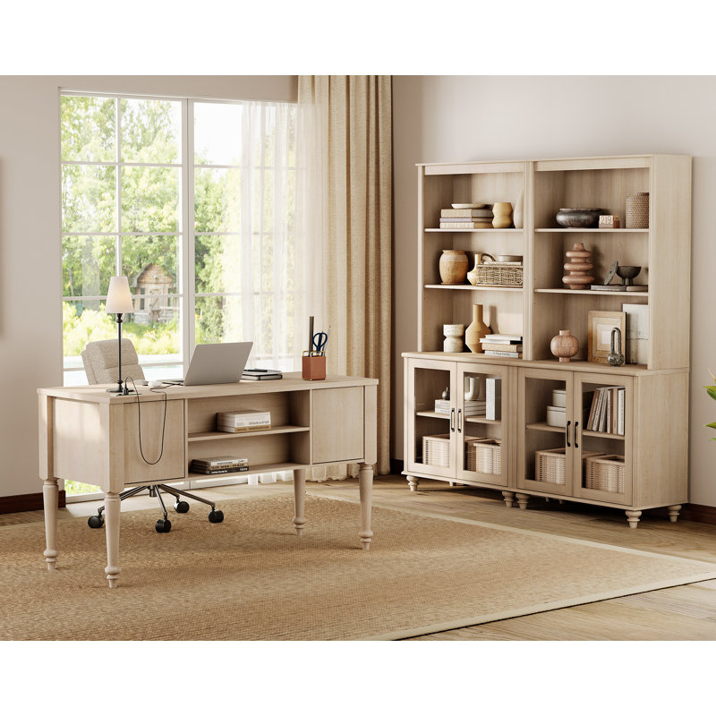 Ensemble de bureau 2 pièces, bureau double 56 po et ensemble de 2 bibliothèques avec portes en verre, beige