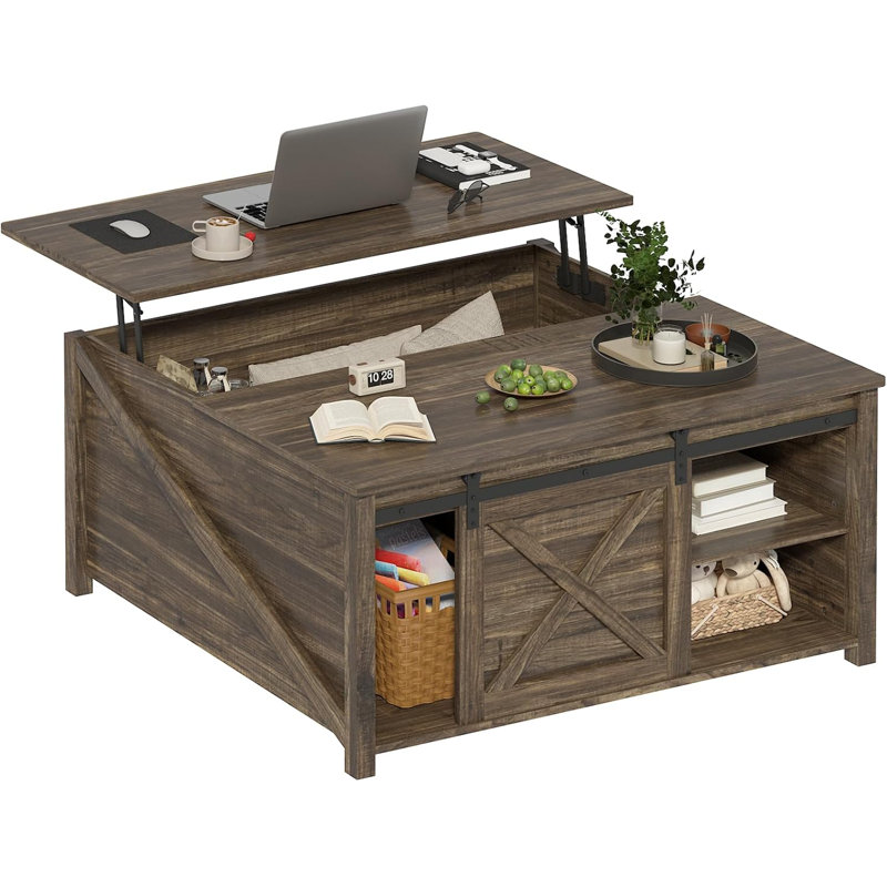 Lift Top Coffee Table with Storage, 31.5" Farmhouse Coffee Table for Living Room, Square Coffee Tables with Large Hidden Storage and Sliding Barn Doors, Brown
