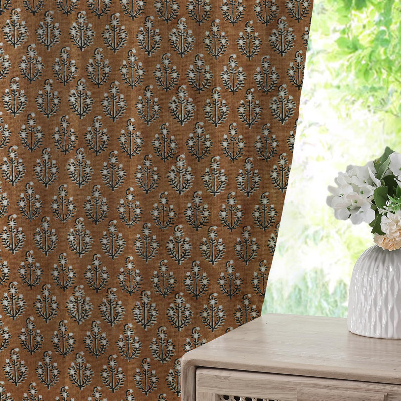 Fabdivine Hand Block Print Brown or Black Floral Pinch Pleated Curtains Home Office Décor Window Treatment, 27x63 Inches with Blackout Fabric  Thick Linen Kitchen Hook Drapes, Neel Gagan