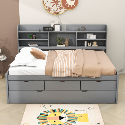 3 Drawers Wood Platform Bed with Shelves and Trundle