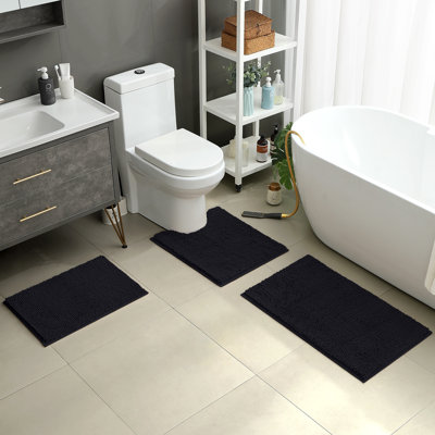  3 Pieces Bathroom Rugs, Ultra Soft Non Slip Absorbent Chenille Toilet Bath Mat Set (Black,17"x24"+20"x32"+U Shape 20"x24")