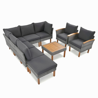 9-Piece Patio Rattan Furniture Set, Outdoor Conversation Set With Acacia Wood Legs And Tabletop, PE Rattan Sectional Sofa Set With Coffee Table, Washable Cushion
