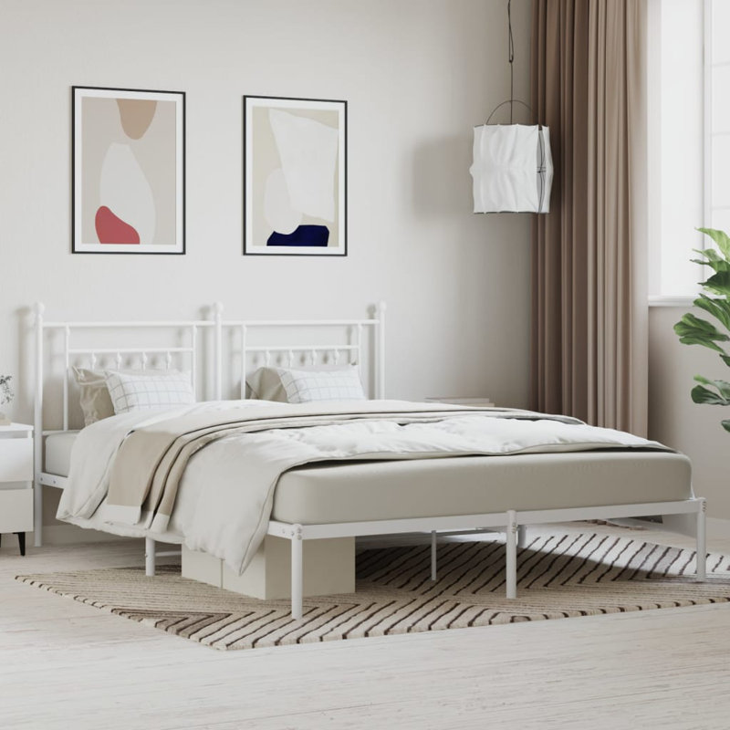 Braxden 12" Metal Bed Frame with Headboard No Mattress, White, Full / Double