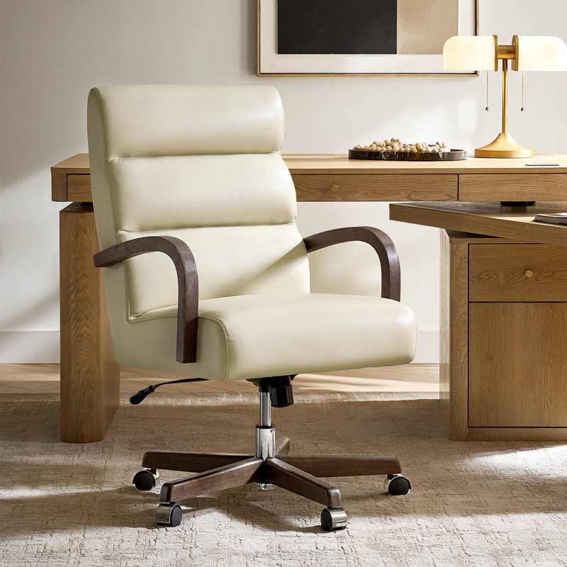 Para Modern Genuine Leather Tilting Executive Chair with Solid Wood Arms and Ergonomic Padded Back, Beige