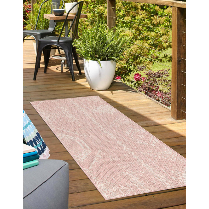 Tapis intérieur / extérieur rose en polypropylène tissé à la machine 9 pi 10 po x 13 pi Bomer, Tapis de couloir 2 pi x 5 pi