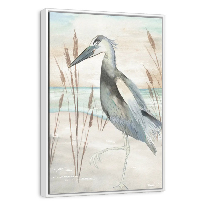Héron par l'herbe de plage II, Cadre flottant blanc, 13" x 19"