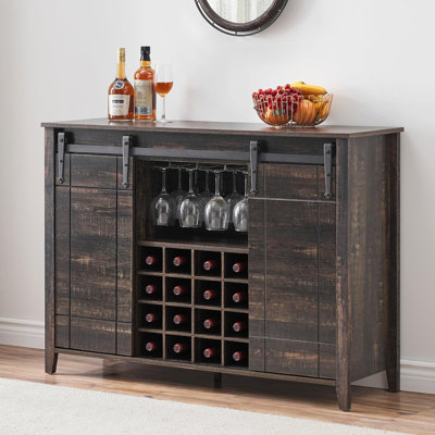 Farmhouse Wood Wine Cabinet with Sliding Barn Door, 16-Bottle Wine Rack Buffet Sideboard for Dining Room or Coffee Bar
