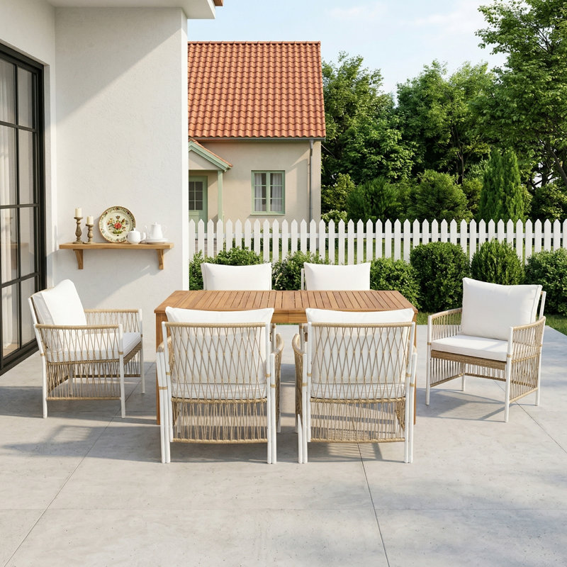 Ensemble de salle à manger en bois 67 po, table rectangulaire avec 6 fauteuils en rotin pour piscine, jardin et jardin