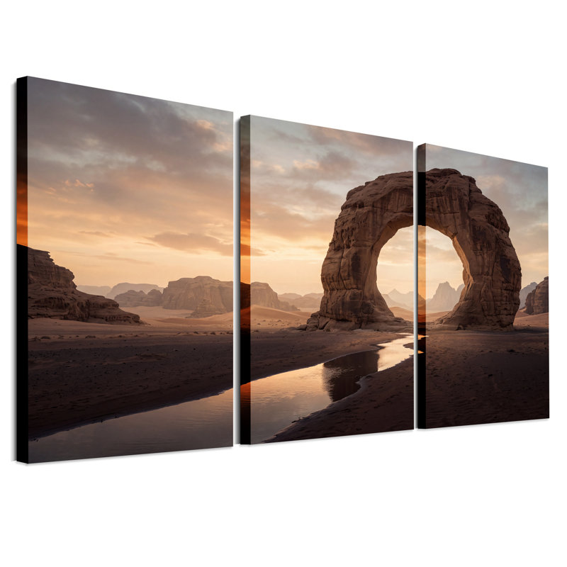 Arche en pierre naturelle surplombant un ruisseau désertique au coucher du soleil - Ensemble de 3 toiles murales