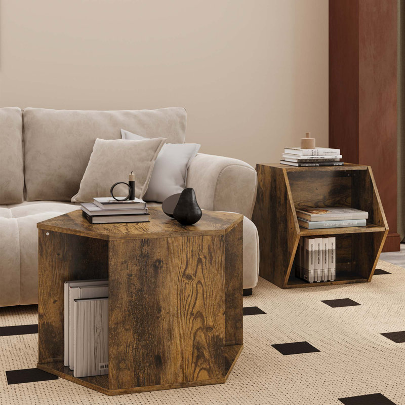 Otera Wood Hexagonal Coffee Table with  storage space., 5.31" H x 26.77" W x 23.62" D, Antique Brown