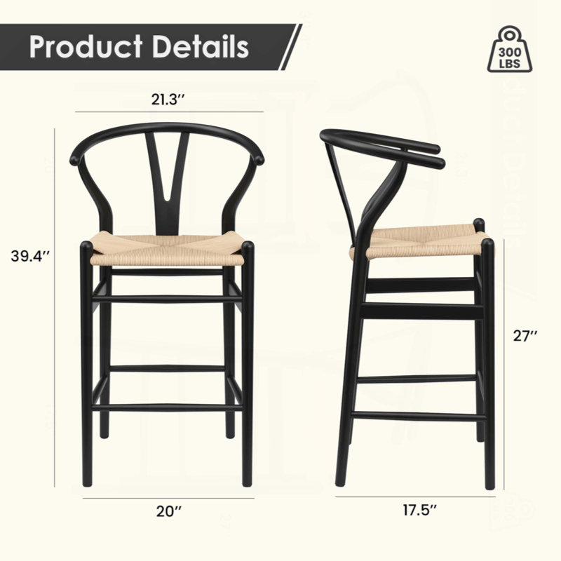 Tabouret de bar Wishbone entièrement assemblé, tabouret de bar à hauteur de comptoir pour îlot de cuisine, Beige, Noir