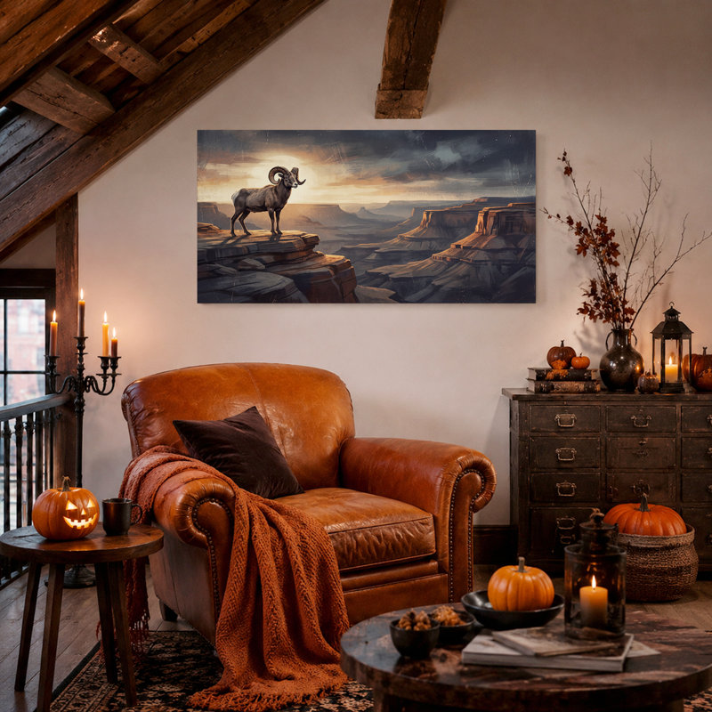Mouflon d'Amérique sur une corniche de canyon au coucher du soleil - Toile murale d'Halloween, 58“W x 28”H