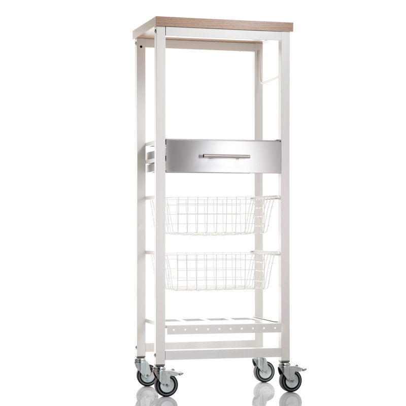 Aadhavan Kitchen Utility Cart with Elm Finish Top, 2 Baskets, Drawer, and Bottle Rack – White Steel Frame