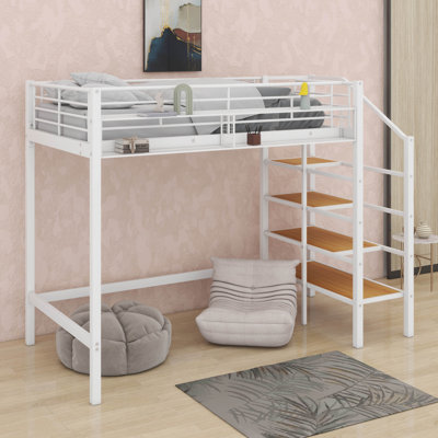 Lit mezzanine simple en métal avec tablette supérieure et échelle de rangement latérale
