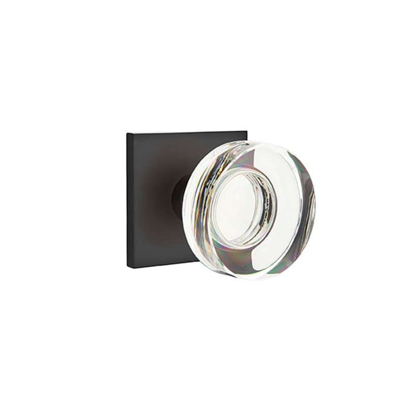 Ensemble de faux boutons Emtek avec rosette carrée et poignée moderne en verre à disque, Dos plat